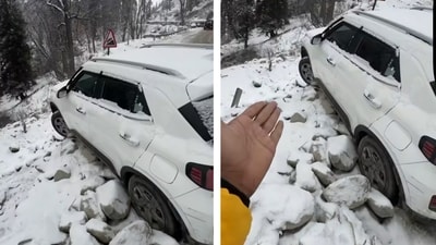 A video captures cars skidding on Manali's icy roads. (Screengrab Instagram/@_hamza_murtaza_) A video captures cars skidding on Manali's icy roads. (Screengrab Instagram/@_hamza_murtaza_)