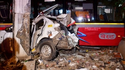 Wreckage of a car after a speeding Brihanmumbai Electricity Supply and Transport Undertaking (BEST) bus collided with several vehicles on a road at Kurla in Mumbai on Monday night. (PTI) Wreckage of a car after a speeding Brihanmumbai Electricity Supply and Transport Undertaking (BEST) bus collided with several vehicles on a road at Kurla in Mumbai on Monday night. (PTI)