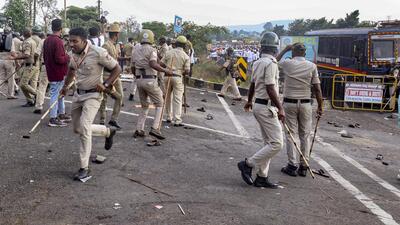 Police in action against protestors who tried to barge into Suvarna Vikasa Soudha during their protest demanding quota for the Panchamasali Lingayat community, in Belagavi, Tuesday. (PTI) Police in action against protestors who tried to barge into Suvarna Vikasa Soudha during their protest demanding quota for the Panchamasali Lingayat community, in Belagavi, Tuesday. (PTI)