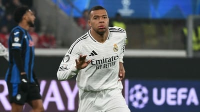 Real Madrid's French forward #09 Kylian Mbappe celebrates his team's first goal during the UEFA Champions League football match against Atalanta (AFP) Real Madrid's French forward #09 Kylian Mbappe celebrates his team's first goal during the UEFA Champions League football match against Atalanta (AFP)