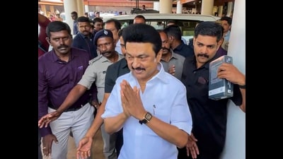 Tamil Nadu CM MK Stalin arrives at the Cochin International Airport, in Kochi, Wednesday. (PTI) Tamil Nadu CM MK Stalin arrives at the Cochin International Airport, in Kochi, Wednesday. (PTI)