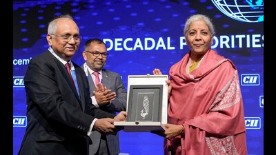 Union Finance Minister Nirmala Sitharaman with Confederation of Indian Industry (CII) Director General Chandrajit Banerjee during the CII Global Economic Policy Forum 2024, in New Delhi, Wednesday. (PTI) Union Finance Minister Nirmala Sitharaman with Confederation of Indian Industry (CII) Director General Chandrajit Banerjee during the CII Global Economic Policy Forum 2024, in New Delhi, Wednesday. (PTI)