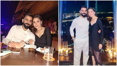 In this monochrome look, Anushka wore a black midi dress, and Virat complemented her in an all-white ensemble. The lovebirds wore the outfits for a date night. While Anushka's dress has a plunging neckline, a sheer panel on the hem, full-length sleeves, and a bodycon fit, Virat's look features a crewneck jumper and relaxed-fit pants. In this monochrome look, Anushka wore a black midi dress, and Virat complemented her in an all-white ensemble. The lovebirds wore the outfits for a date night. While Anushka's dress has a plunging neckline, a sheer panel on the hem, full-length sleeves, and a bodycon fit, Virat's look features a crewneck jumper and relaxed-fit pants. 