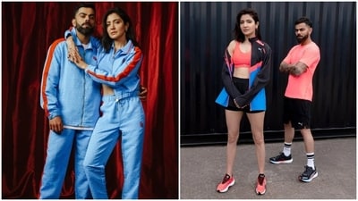 Athleisure looks are another style statement that the couple can nail seamlessly. In the first photo, Virat and Anushka match their looks in blue and orange-hued outfits. As for the second photo, they wear black and peach-print looks. Athleisure looks are another style statement that the couple can nail seamlessly. In the first photo, Virat and Anushka match their looks in blue and orange-hued outfits. As for the second photo, they wear black and peach-print looks. 