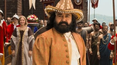 Mohanlal in a still from the trailer of Barroz 3D. Mohanlal in a still from the trailer of Barroz 3D.