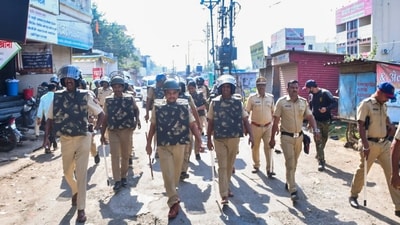 Security personnel patrol after violent protests took place for the second day over the vandalism of a replica of the Constitution, in Parbhani, Maharashtra, on Dec. 11, 2024. (PTI) Security personnel patrol after violent protests took place for the second day over the vandalism of a replica of the Constitution, in Parbhani, Maharashtra, on Dec. 11, 2024. (PTI)