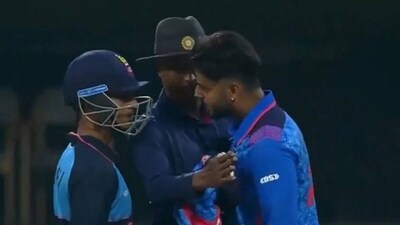 Nitish Rana involved in fiery exchange with Ayush Badoni Nitish Rana involved in fiery exchange with Ayush Badoni