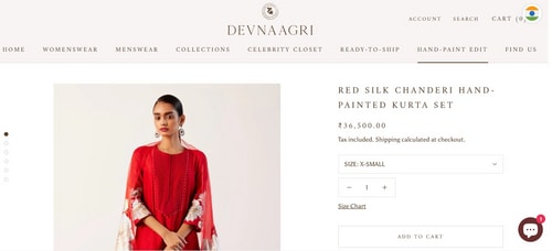 The chanderi red kurta set is priced at  ₹36,500.00 on Devnaagri's official website. (www.devnaagri.com)