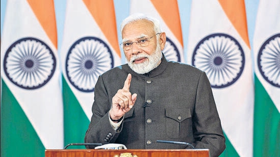 Prime Minister Narendra Modi interacts with Smart India Hackathon 2024 participants through video conferencing in New Delhi on Tuesday. (ANI)