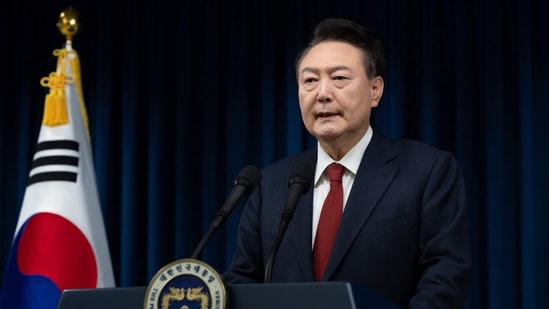 South Korea's President Yoon Suk Yeol delivering an address at the Presidential Office in Seoul. (AFP)
