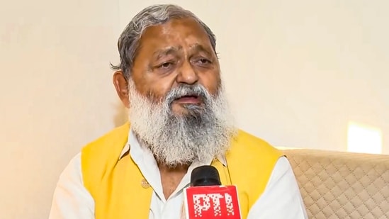 Haryana Minister Anil Vij talks to the media in Chandigarh. (PTI)