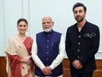 Prime Minister Narendra Modi with actors Ranbir Kapoor and Alia Bhatt during a meeting with the Kapoor family ahead of the upcoming Raj Kapoor 100 Film Festival on Raj Kapoor's centenary, in New Delhi on Tuesday.