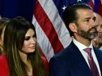 Kimberly Guilfoyle and her partner Donald Trump Jr. listen to former US President and Republican presidential candidate Donald Trump speak an election night event at the West Palm Beach Convention Center in West Palm Beach, Florida, early on November 6, 2024. Kimberly Guilfoyle and her partner Donald Trump Jr. listen to former US President and Republican presidential candidate Donald Trump speak an election night event at the West Palm Beach Convention Center in West Palm Beach, Florida, early on November 6, 2024.