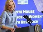 Jill Biden catches herself after making ill-considered reference to ‘joy’ of Americans (Photo by Samuel Corum / AFP)
