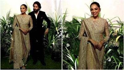 Newlyweds Sobhita Dhulipala and Naga Chaitanya served major couple fashion goals at their reception. Sobhita stunned in a golden custom kurta with a Hyderabadi khada dupatta, while Naga looked dashing in a blue suit. (Instagram) Newlyweds Sobhita Dhulipala and Naga Chaitanya served major couple fashion goals at their reception. Sobhita stunned in a golden custom kurta with a Hyderabadi khada dupatta, while Naga looked dashing in a blue suit. (Instagram)