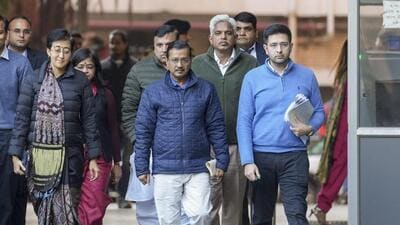 AAP national convenor Arvind Kejriwal with Delhi chief minister Atishi and party leaders Raghav Chadha, Sanjay Singh and others after meeting the Chief Election Commissioner in New Delhi on Wednesday. (PTI) AAP national convenor Arvind Kejriwal with Delhi chief minister Atishi and party leaders Raghav Chadha, Sanjay Singh and others after meeting the Chief Election Commissioner in New Delhi on Wednesday. (PTI)