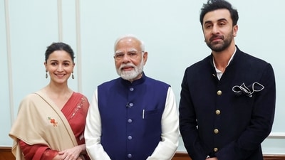 Prime Minister Narendra Modi with actors Ranbir Kapoor and Alia Bhatt during a meeting with the Kapoor family ahead of the upcoming Raj Kapoor 100 Film Festival on Raj Kapoor's centenary, in New Delhi on Tuesday. (DPR PMO) Prime Minister Narendra Modi with actors Ranbir Kapoor and Alia Bhatt during a meeting with the Kapoor family ahead of the upcoming Raj Kapoor 100 Film Festival on Raj Kapoor's centenary, in New Delhi on Tuesday. (DPR PMO)