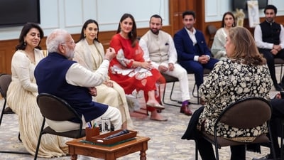 Prime Minister Narendra Modi in a meeting with the Kapoor family ahead of the upcoming Raj Kapoor 100 Film Festival on Raj Kapoor's centenary, in New Delhi on Wednesday. (DPR PMO)