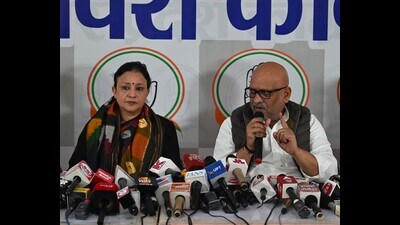 Ajay Rai and Aradhana Mishra at addressing a press conference at the Congress Party office in Lucknow (HT PHOTO) Ajay Rai and Aradhana Mishra at addressing a press conference at the Congress Party office in Lucknow (HT PHOTO)