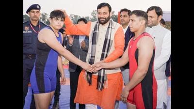 Chief minister Nayab Singh Saini meets players at an event in Kurukshetra on Thursday. (Courtesy: X) Chief minister Nayab Singh Saini meets players at an event in Kurukshetra on Thursday. (Courtesy: X)