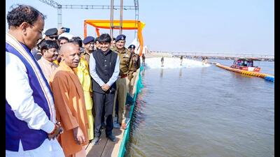 Chief minister Yogi Adityanath visits Sangam during his visit to inspect preparations on the eve of Prime Minister Narendra Modi’s visit to review development works for the upcoming Mahakumbh Mela 2025, in Prayagraj on Thursday. Deputy chief minister Keshav Prasad Maurya and others also seen. (ANI Photo) Chief minister Yogi Adityanath visits Sangam during his visit to inspect preparations on the eve of Prime Minister Narendra Modi’s visit to review development works for the upcoming Mahakumbh Mela 2025, in Prayagraj on Thursday. Deputy chief minister Keshav Prasad Maurya and others also seen. (ANI Photo)