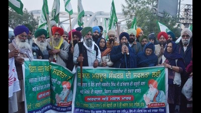 Farmers during a protest in Amritsar on Thursday. Farmer groups have been protesting for long while seeking a legal guarantee on MSP. (Sameer Sehgal/HT)