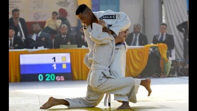 Judo players in action at Multipurpose Hall during National School Games in Ludhiana on Thursday. (Manish/HT) Judo players in action at Multipurpose Hall during National School Games in Ludhiana on Thursday. (Manish/HT)
