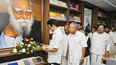Kerala Chief Minister Pinarayi Vijayan with Tamil Nadu Chief Minister MK Stalin arrive to pay tribute to a portrait of Dravidar Kazhagam founder Periyar E V Ramasamy during the inauguration of the Thanthai Periyar Memorial and Periyar Library, established in his honour, at Vaikom in Kottayam. (PTI) Kerala Chief Minister Pinarayi Vijayan with Tamil Nadu Chief Minister MK Stalin arrive to pay tribute to a portrait of Dravidar Kazhagam founder Periyar E V Ramasamy during the inauguration of the Thanthai Periyar Memorial and Periyar Library, established in his honour, at Vaikom in Kottayam. (PTI)