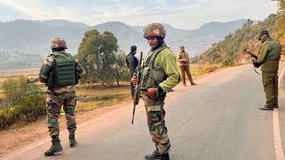 Security personnel during a cordon and search operation at Challa area of Mendhar, in Poonch District. (PTI)