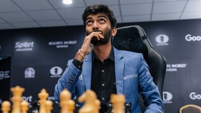India's D Gukesh reacts after beating title-holder China's Ding Liren in the 14th and last game of the FIDE World Chess Championship 2024 (PTI)
