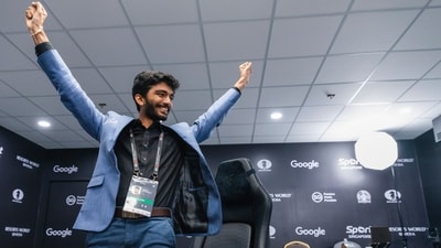 India's D Gukesh reacts after beating title-holder China's Ding Liren in the 14th and last game of the FIDE World Chess Championship 2024. (PTI) India's D Gukesh reacts after beating title-holder China's Ding Liren in the 14th and last game of the FIDE World Chess Championship 2024. (PTI)