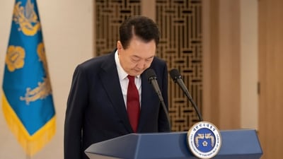 South Korean President Yoon Suk Yeol bows while delivering a speech at the presidential office in Seoul, South Korea, Thursday, Dec. 12, 2024. (AP) South Korean President Yoon Suk Yeol bows while delivering a speech at the presidential office in Seoul, South Korea, Thursday, Dec. 12, 2024. (AP)