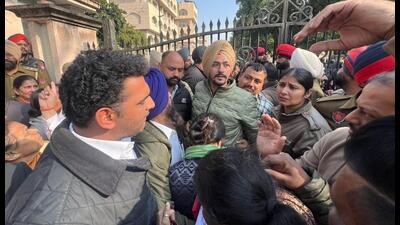 Punjab Youth Congress president Mohit Mohindra (left) and others outside the district administrative complex during a melee amid nomination filing process in Patiala on Thursday. (HT File) Punjab Youth Congress president Mohit Mohindra (left) and others outside the district administrative complex during a melee amid nomination filing process in Patiala on Thursday. (HT File)
