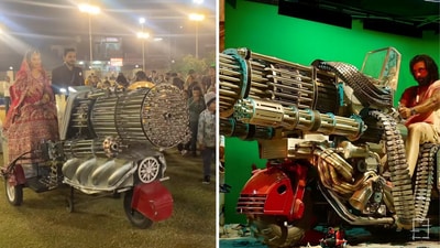 It seems the bride and groom ordered a prop that looks like a smaller replica of the machine gun used by Ranbir Kapoor in Animal. (Instagram/saini5019) It seems the bride and groom ordered a prop that looks like a smaller replica of the machine gun used by Ranbir Kapoor in Animal. (Instagram/saini5019)