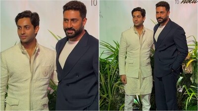 Abhishek Bachchan arrived with his nephew Agastya Nanda, looking dapper in a navy blue suit and white t-shirt. Agastya looked chic in a beige kurta jacket and white pants. (Instagram) Abhishek Bachchan arrived with his nephew Agastya Nanda, looking dapper in a navy blue suit and white t-shirt. Agastya looked chic in a beige kurta jacket and white pants. (Instagram)