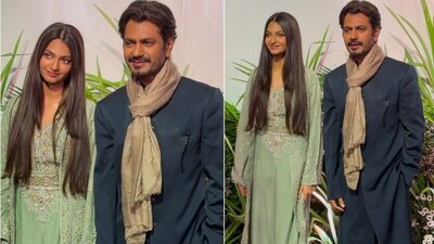 Nawazuddin Siddiqui arrived with his daughter Shora, looking sharp in a navy blue suit with a beige dupatta wrapped around his neck. Shora wowed in a stunning green embellished suit. (Instagram) Nawazuddin Siddiqui arrived with his daughter Shora, looking sharp in a navy blue suit with a beige dupatta wrapped around his neck. Shora wowed in a stunning green embellished suit. (Instagram)