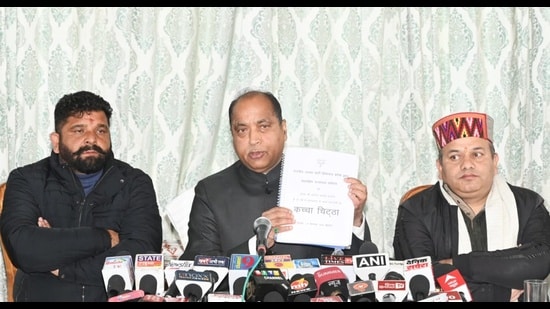 Leader of Opposition Jai Ram Thakur while addressing the media on Thursday. (Deepak Sansta/HT)