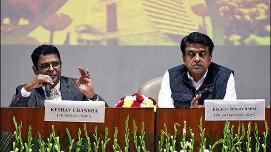 NDMC chairman Keshav Chandra and NDMC vice-chairman Kuljeet Singh Chahal address a press conference on Budget 2025-2026, at NDMC Convention Center in New Delhi on Thursday. (ANI)