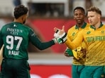 Pakistan's Haris Rauf (L) congratulates South Africa's George Linde (R) after South Africa won the first T20 international cricket match Pakistan's Haris Rauf (L) congratulates South Africa's George Linde (R) after South Africa won the first T20 international cricket match