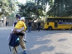 A student with his guardian returns from GD Goenka Public School, Paschim Vihar after the school received bomb threat. A student with his guardian returns from GD Goenka Public School, Paschim Vihar after the school received bomb threat.