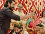 Ram Charan and SS Rajamouli with Naga Chaitanya and Sobhita Dhulipala.