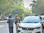 Security personnel outside DPS, RK Puram after the bomb threat on Monday. (Sanchit Khanna/HT photo)