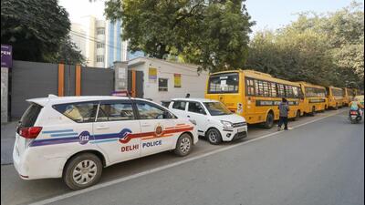 A Delhi Police team at Bhatnagar International School in Paschim Vihar on Friday. (PTI) A Delhi Police team at Bhatnagar International School in Paschim Vihar on Friday. (PTI)