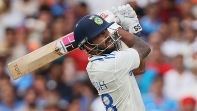 India's Nitish Kumar Reddy hits a six during the day one of the second cricket test match between Australia and India. (AP) India's Nitish Kumar Reddy hits a six during the day one of the second cricket test match between Australia and India. (AP)