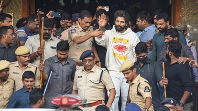 Telugu actor Allu Arjun leaves Gandhi Hospital after a medical check-up following his arrest in Hyderabad. (PTI) Telugu actor Allu Arjun leaves Gandhi Hospital after a medical check-up following his arrest in Hyderabad. (PTI)