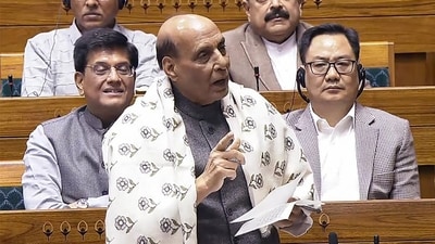 Defence minister Rajnath Singh speaks in Lok Sabha during discussion on the 75th anniversary of the adoption of the Constitution of India, in New Delhi on Friday. (Sansad TV) Defence minister Rajnath Singh speaks in Lok Sabha during discussion on the 75th anniversary of the adoption of the Constitution of India, in New Delhi on Friday. (Sansad TV)
