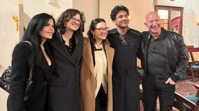 Vikas Khanna took to X to share a photo of Jeff Bezos and Lauren Sanchez visiting Bungalow. (X/@TheVikasKhanna) Vikas Khanna took to X to share a photo of Jeff Bezos and Lauren Sanchez visiting Bungalow. (X/@TheVikasKhanna)