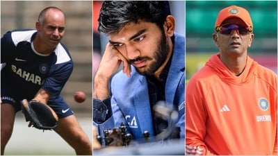 Paddy Upton (L) likened D Gukesh (C) to Rahul Dravid (R). (Agencies) Paddy Upton (L) likened D Gukesh (C) to Rahul Dravid (R). (Agencies)