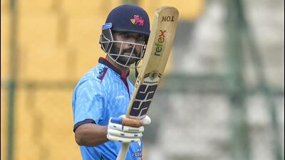 Mumbai's Ajinkya Rahane celebrates his half-century during the semi-final against Baroda. (PTI) Mumbai's Ajinkya Rahane celebrates his half-century during the semi-final against Baroda. (PTI)