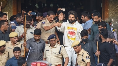Telugu actor Allu Arjun leaves Gandhi Hospital after a medical check-up following his arrest in Hyderabad. (PTI) Telugu actor Allu Arjun leaves Gandhi Hospital after a medical check-up following his arrest in Hyderabad. (PTI)